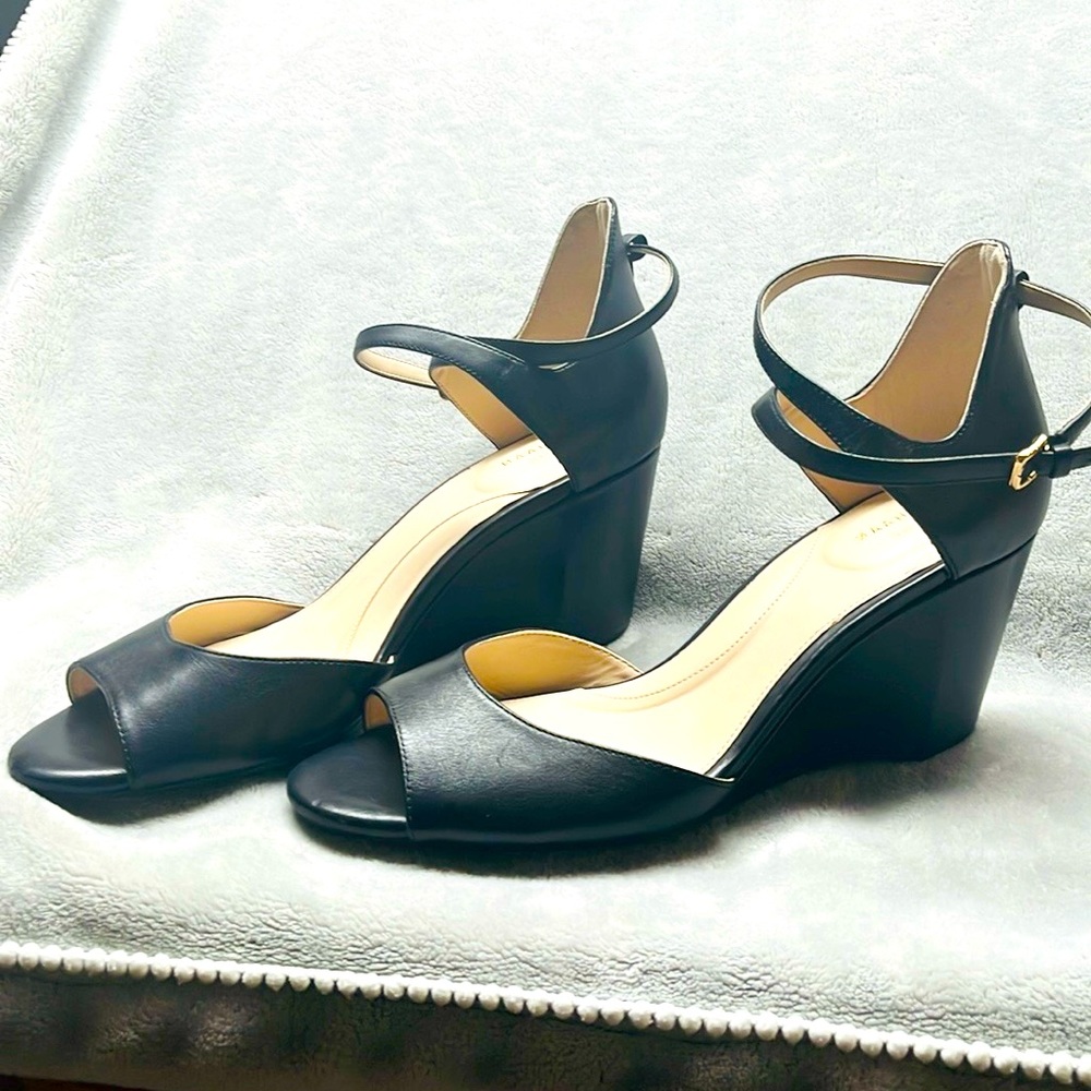 Cole Haan Sadie Grand Black Leather OpenToe Wedgeheel AnkleStrap Sandals size9.5
